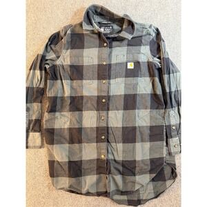 Carhartt Womens Flannel Shirt L Gray Black Plaid Relaxed Fit Long Sleeve